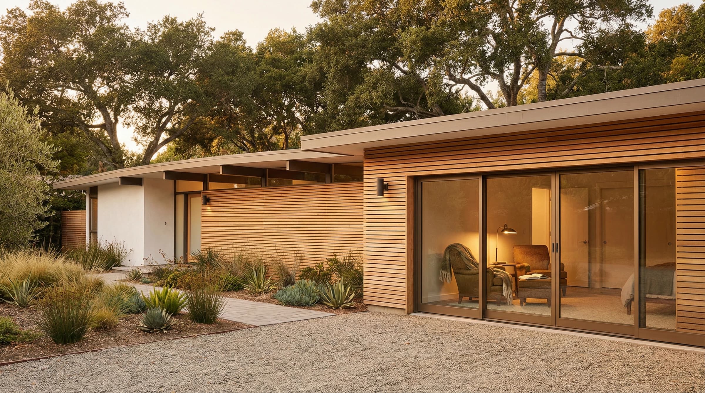 Palo Alto mid-century modern garage conversion — Eichler-inspired facade with floor-to-ceiling glass by Inspired Builders