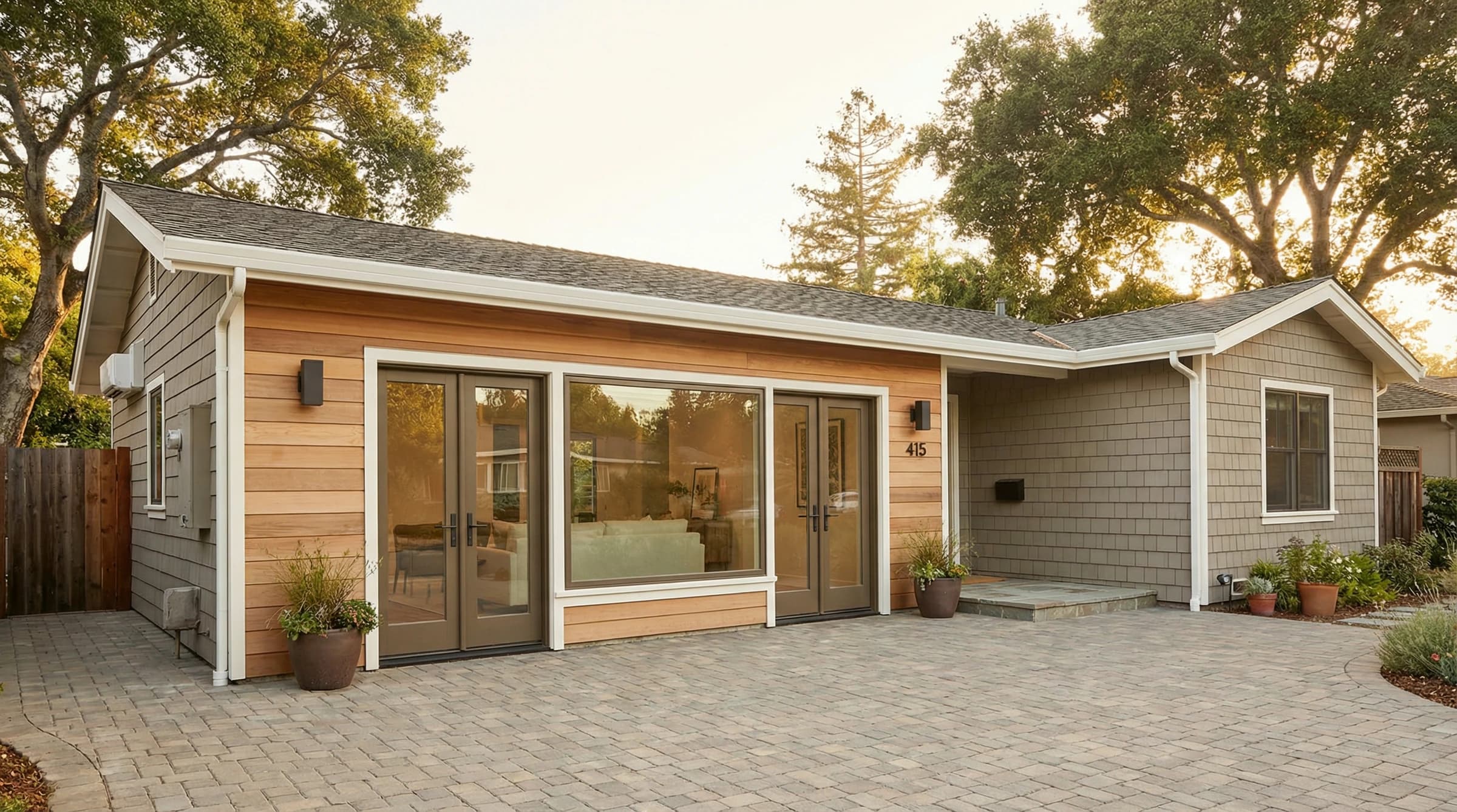 San Mateo garage conversion — cedar siding with bronze-framed French doors by Inspired Builders