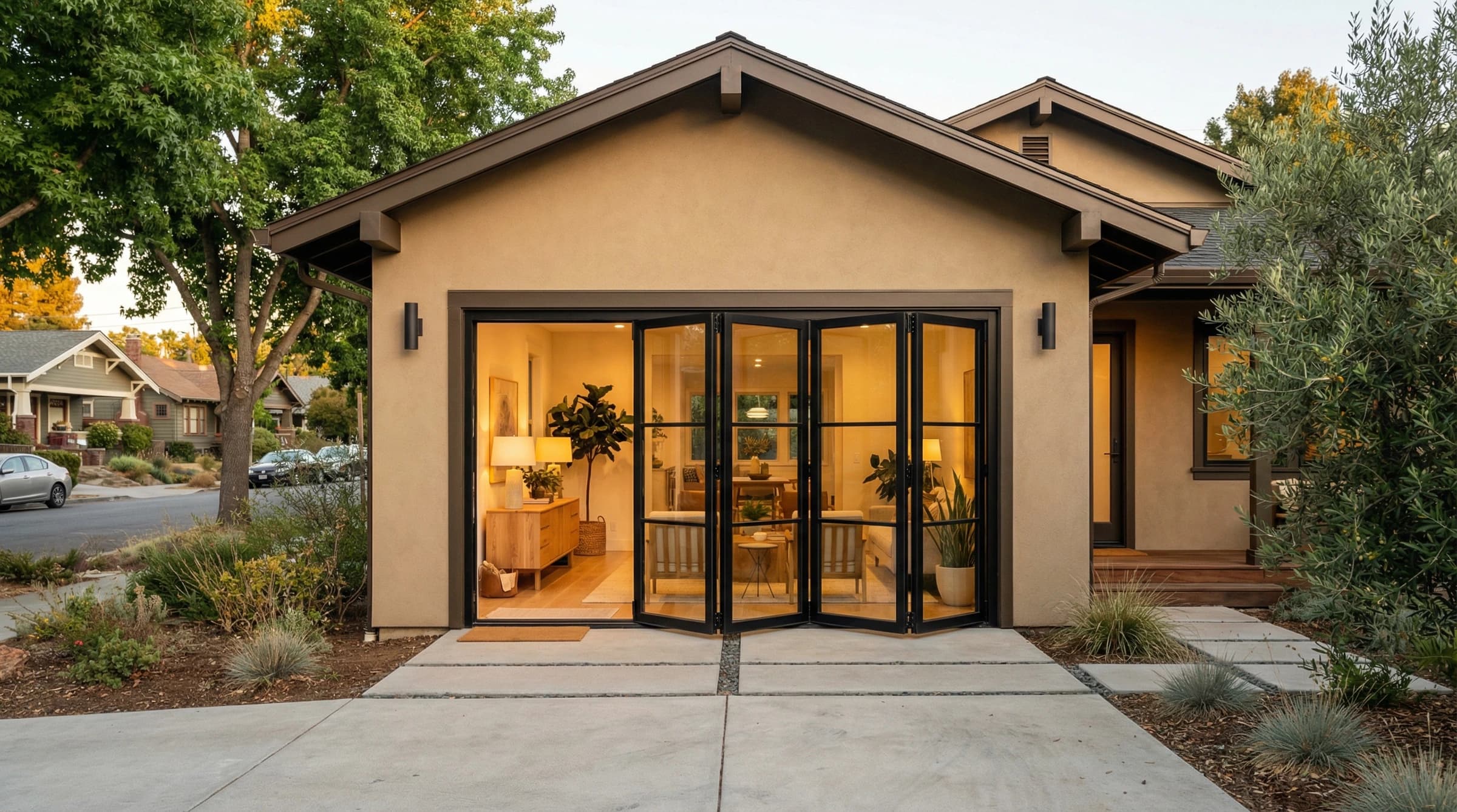 Alameda industrial-modern garage conversion — bifold glass doors and warm stucco by Inspired Builders