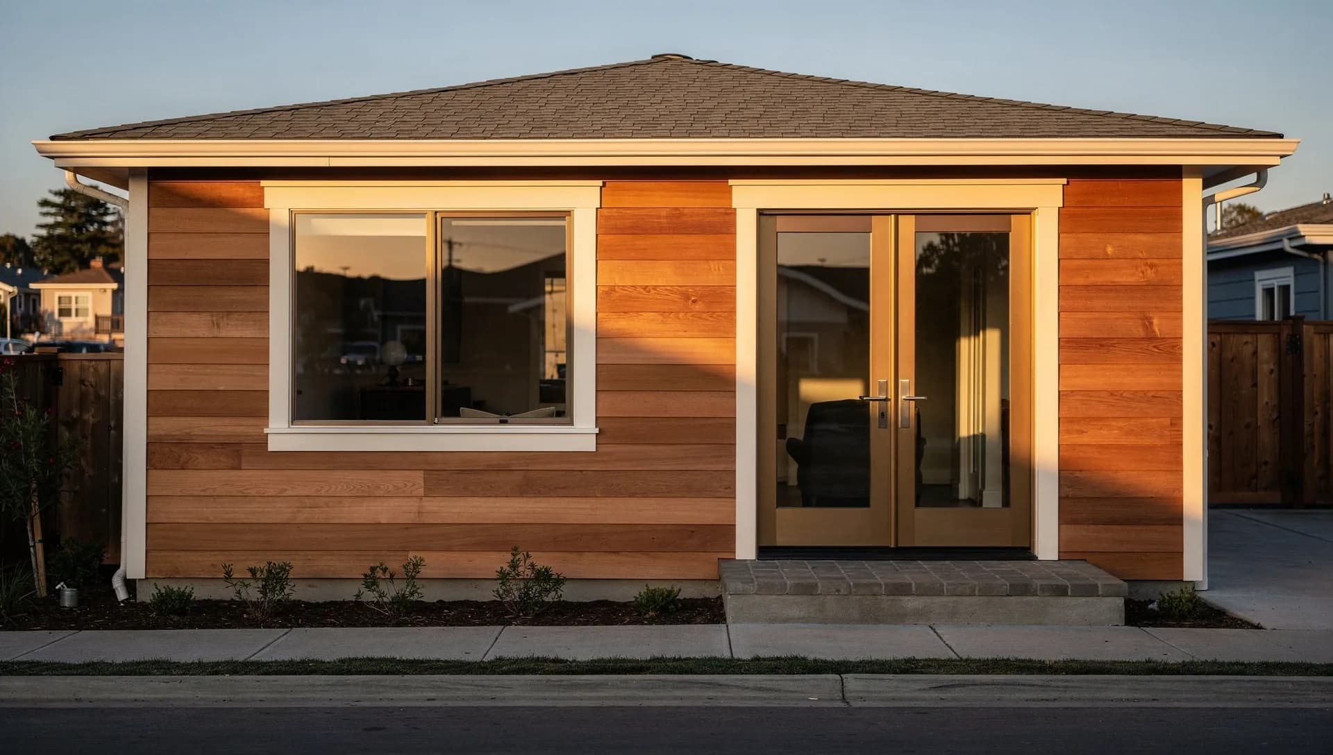 Walnut Creek garage conversion — warm cedar siding with glass French doors by Inspired Builders