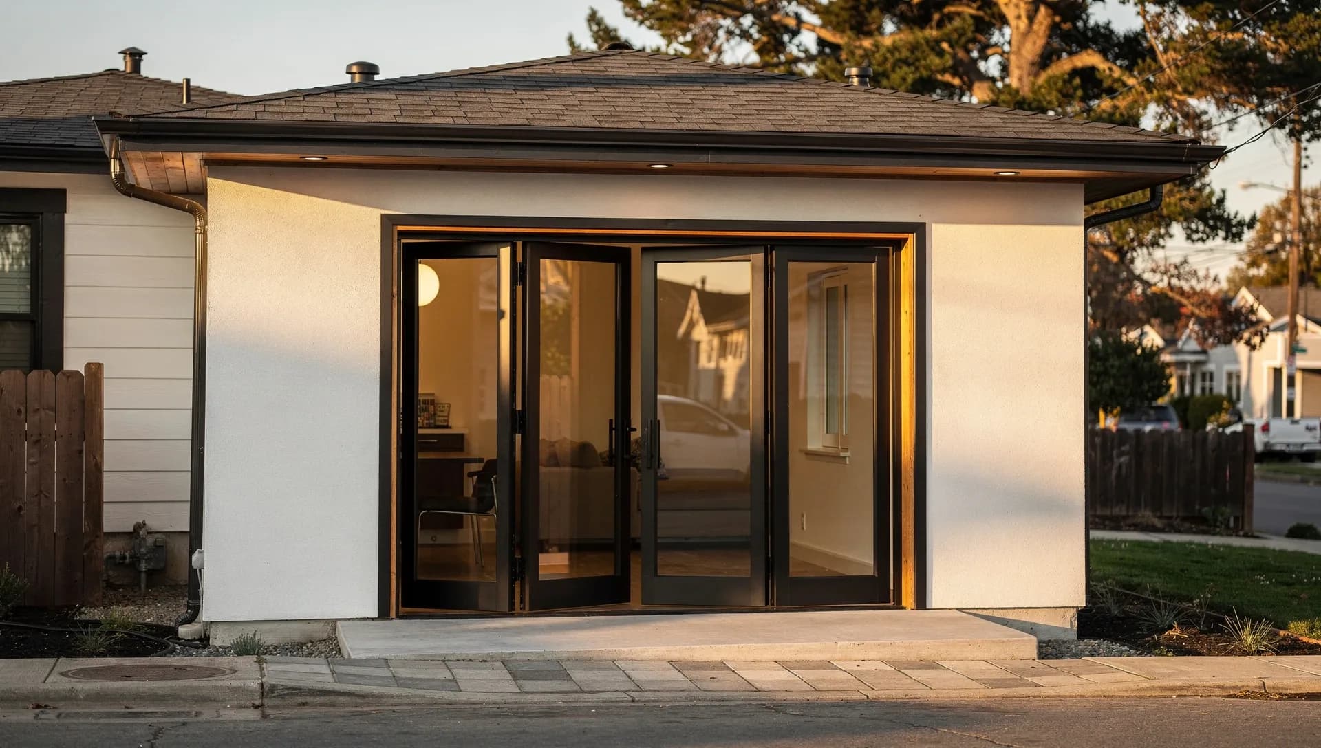 Oakland modern garage conversion — black-framed bifold glass with white stucco facade by Inspired Builders