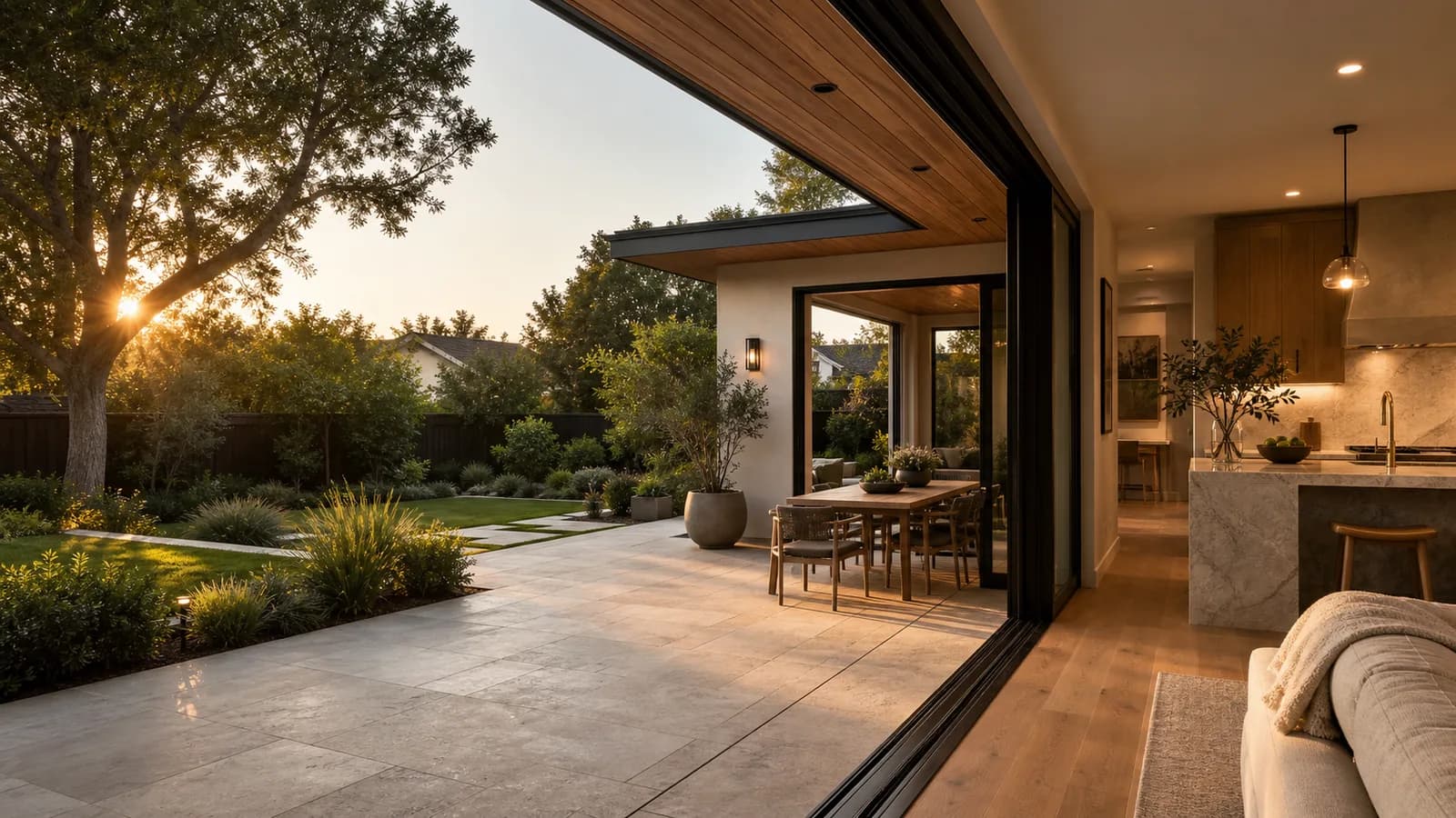 Bay Area whole-home remodel with indoor-outdoor kitchen, living space, and landscaped backyard patio by Inspired Builders