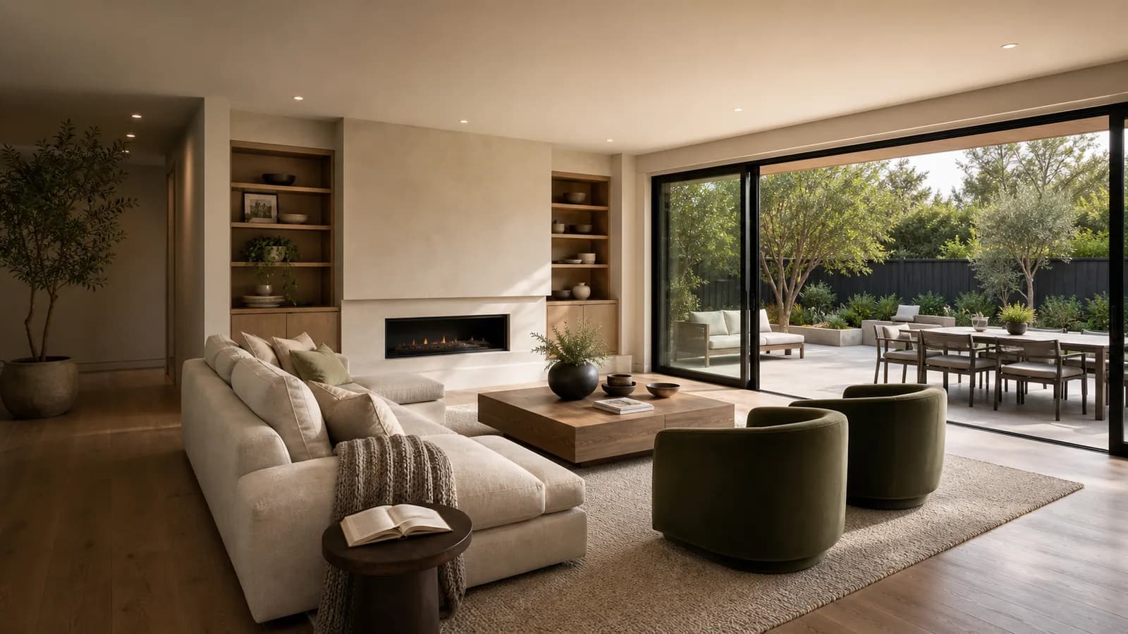 Whole-home remodel living room with fireplace, built-ins, and indoor-outdoor patio connection by Inspired Builders