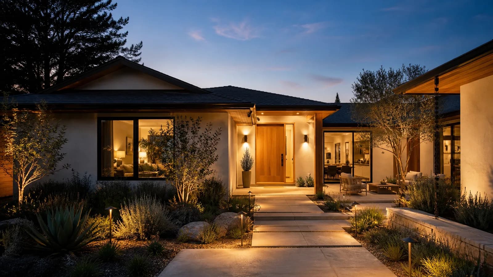 Modern Bay Area ranch home remodel exterior with warm entry courtyard and landscape lighting by Inspired Builders