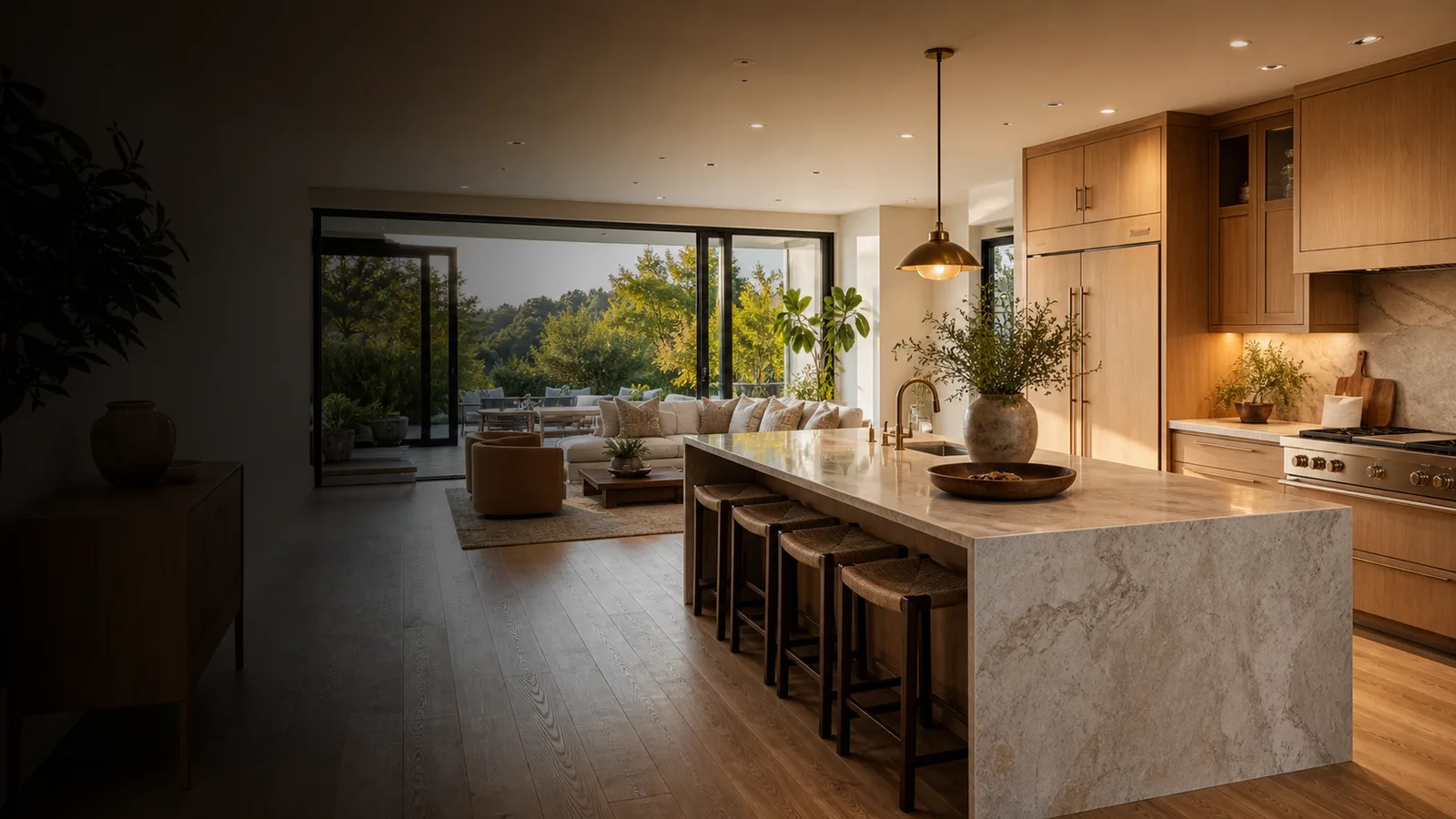 Luxury whole-home remodel with open kitchen, waterfall island, and connected great room by Inspired Builders