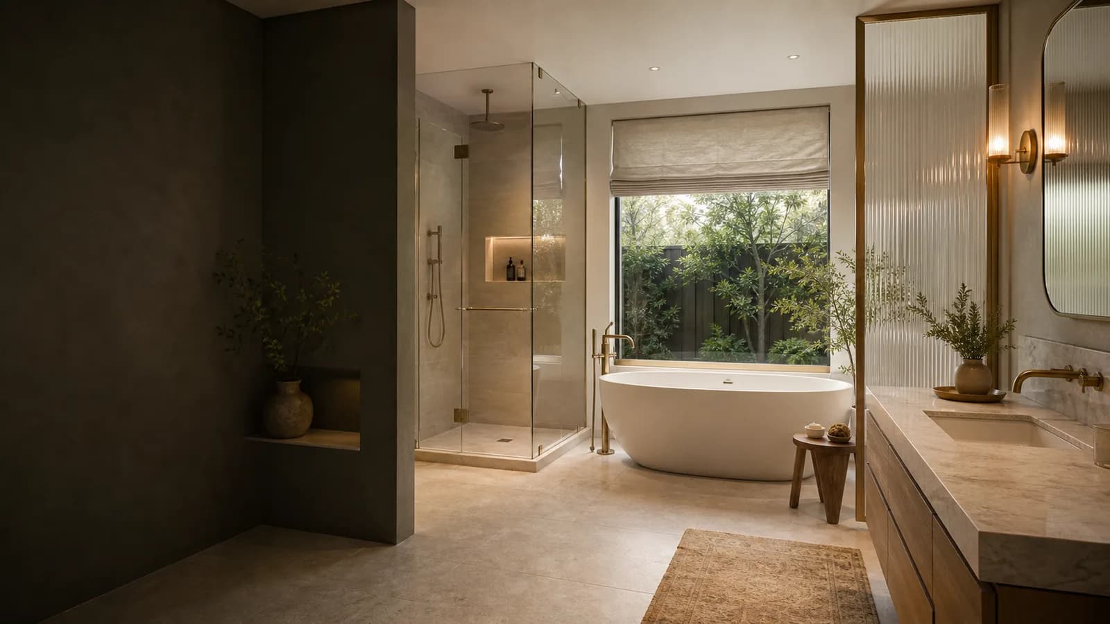 Whole-home remodel primary bathroom with soaking tub, walk-in shower, and warm custom finishes by Inspired Builders